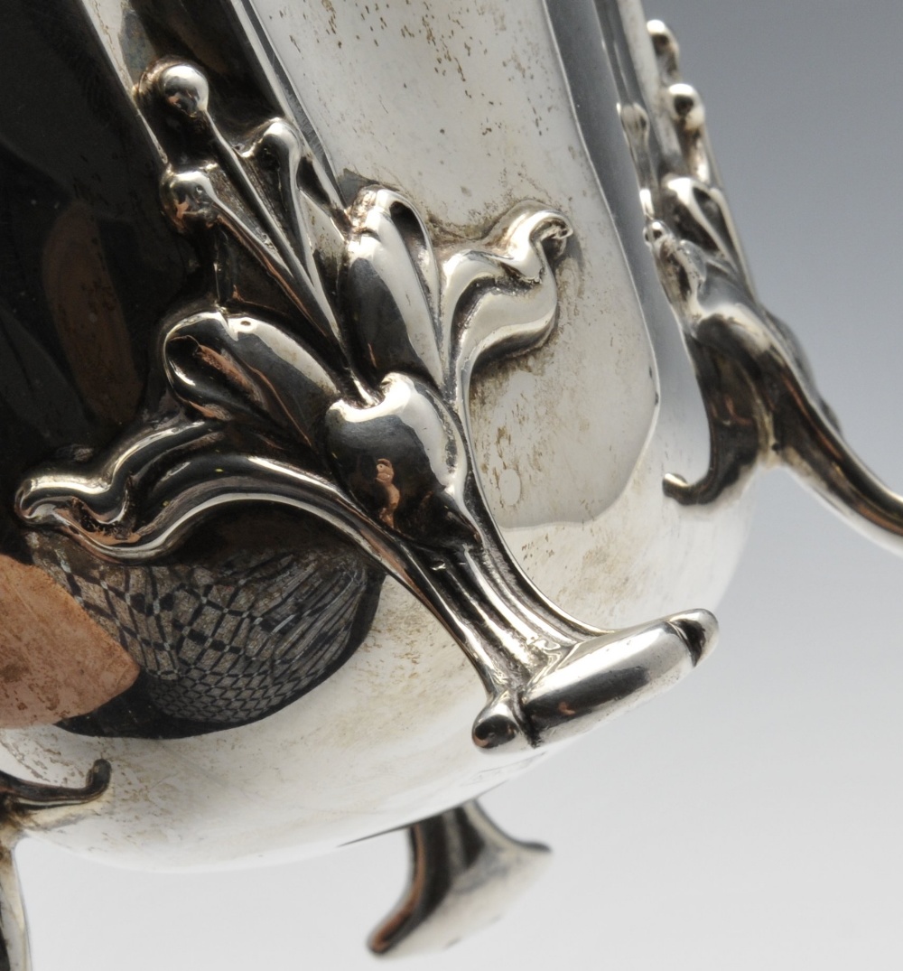 An Edwardian silver hot water pot, of lobed oval form having applied wooden handle and raised upon - Image 3 of 4