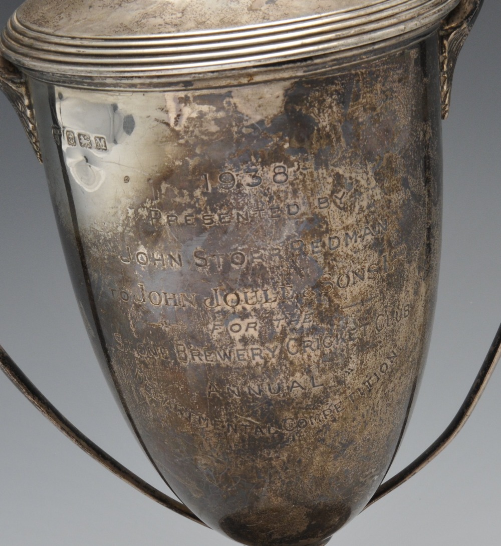 A 1930's silver twin-handled trophy cup and cover, of tapering form with presentation engraving to - Image 3 of 5