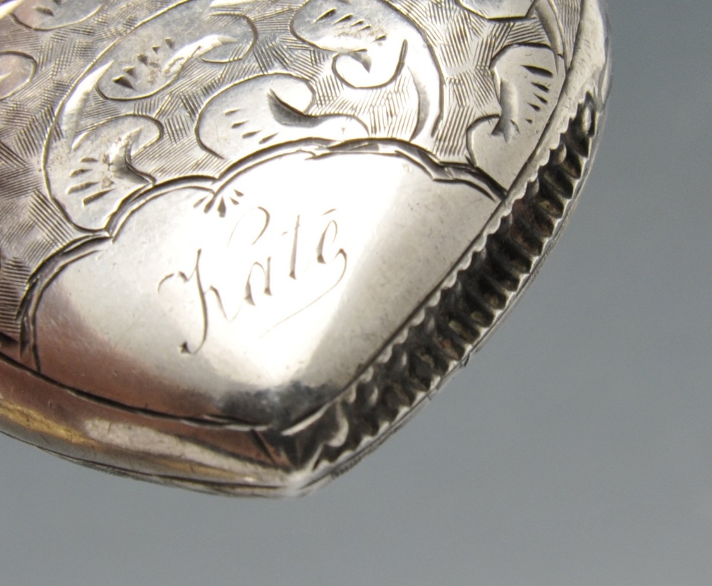 A Victorian silver heart-shaped vesta case partly decorated with scroll engraved, personal name - Image 7 of 8