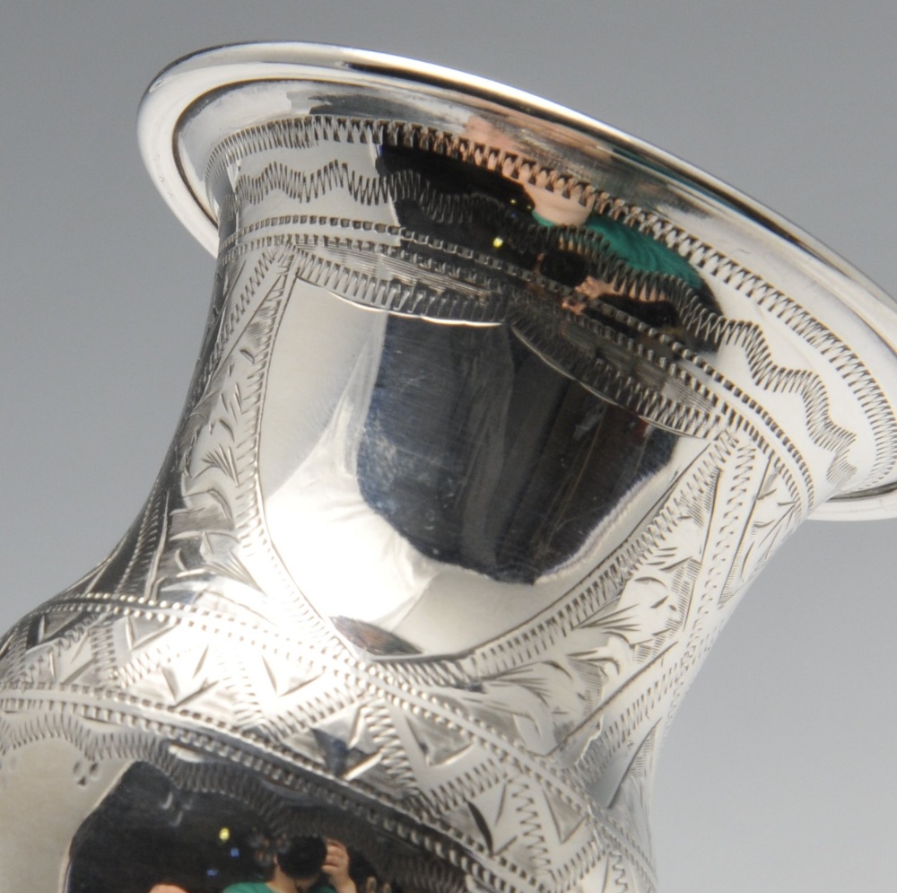 A pair of Edwardian silver Kiddush cups or small goblets, the engraved campana form standing on a - Image 3 of 6