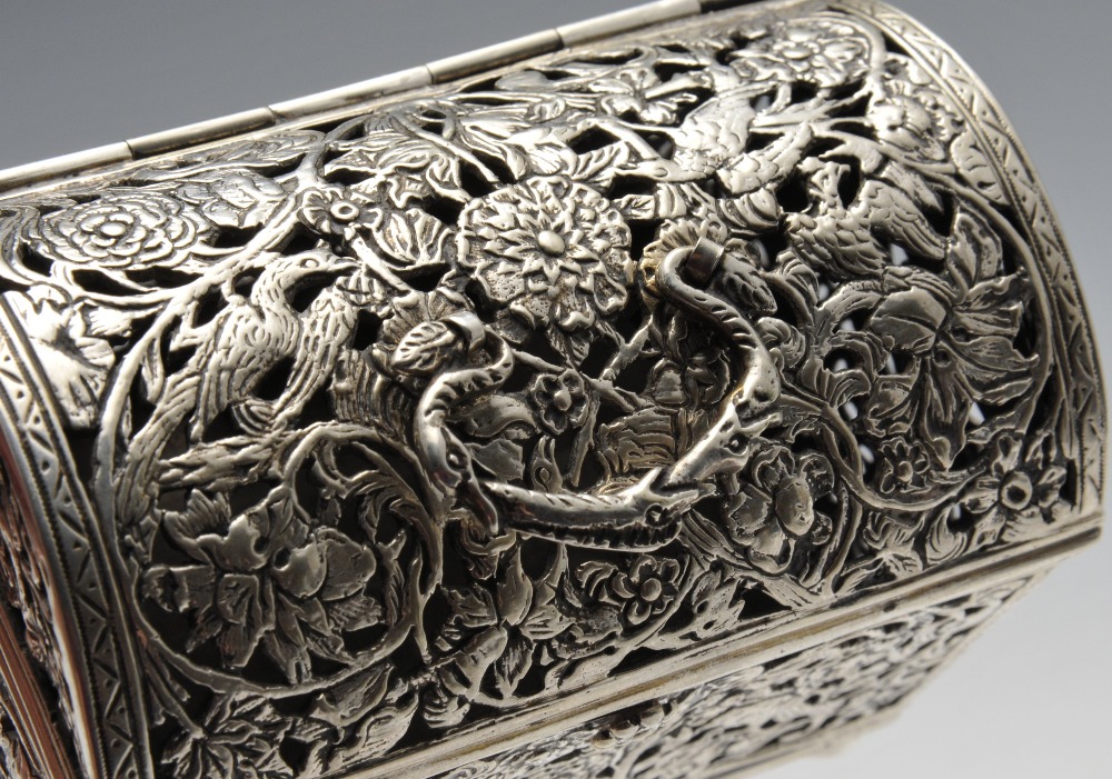 A continental box of casket form, the oblong open-work form depicting birds amidst floral scrolls, - Image 4 of 4