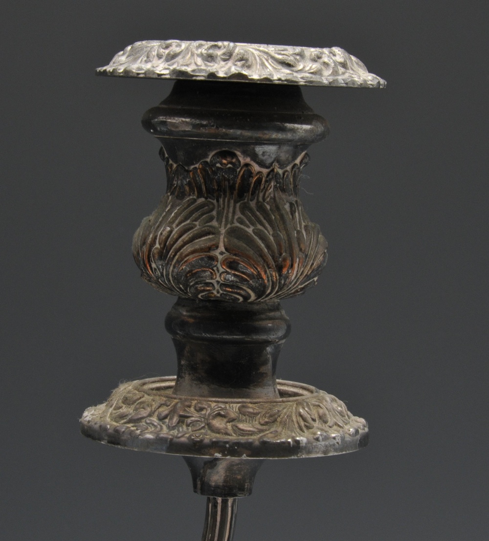 A pair of silver plated twin branch candelabra, each with a circular weighted base rising to a - Image 4 of 9