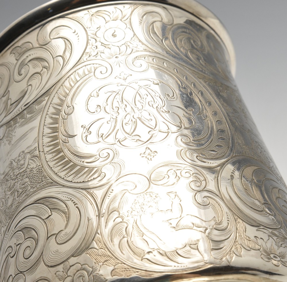 A George II silver mug, the tapered body with later floral scroll and scenic engraving surrounding - Image 3 of 5