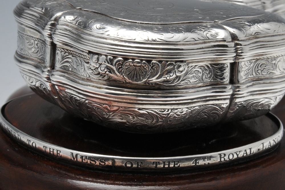 A mid-Victorian Irish silver double ended snuff box with military interest, the waisted and - Image 4 of 7