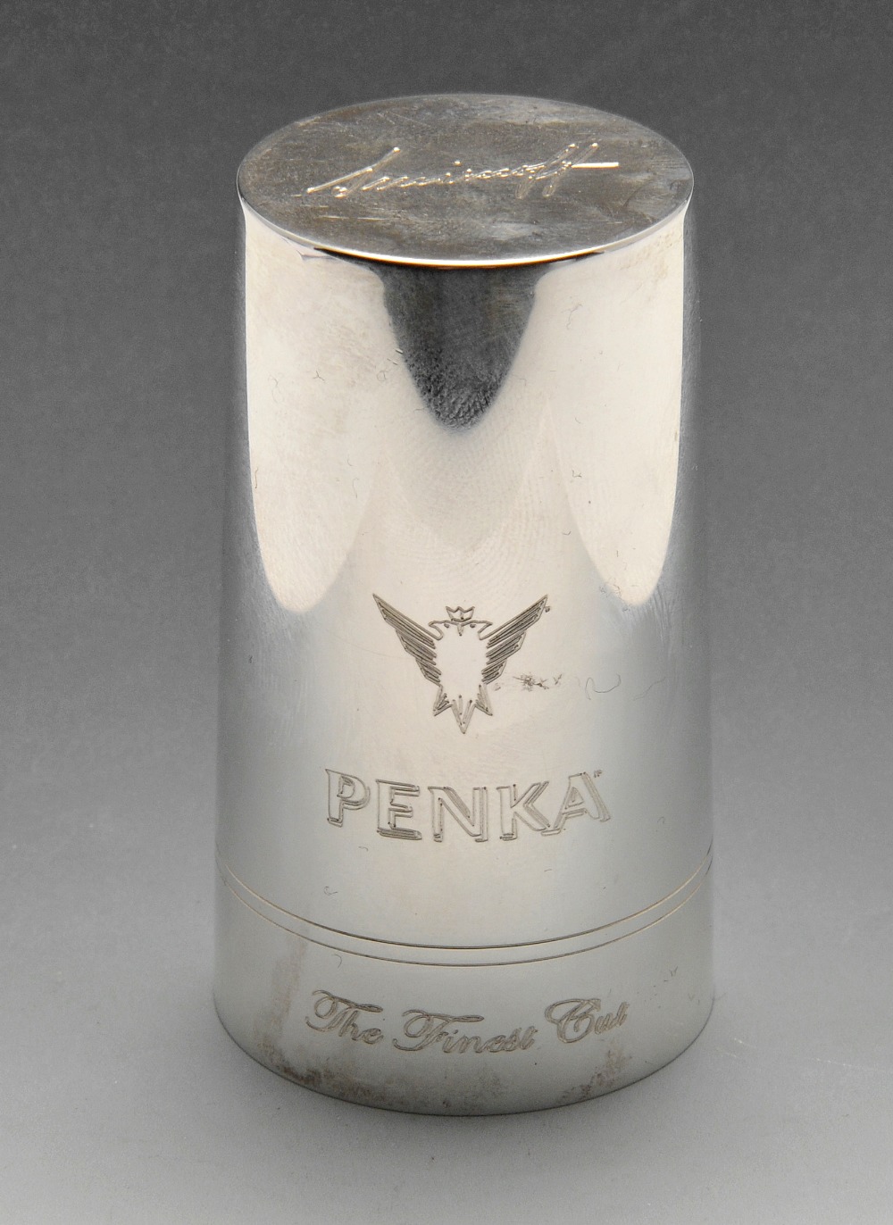 A modern silver spirit measure, of plain cylindrical form having reeded band and branded engraving