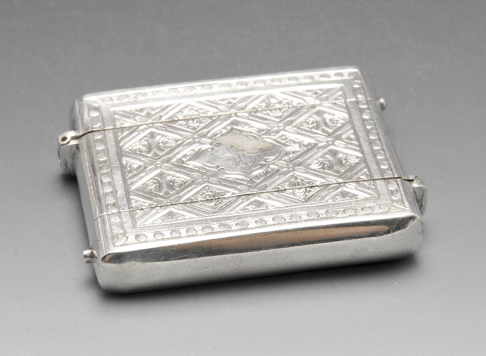 A Victorian silver dual opening butt marker case, the oblong form with diaper engraving and
