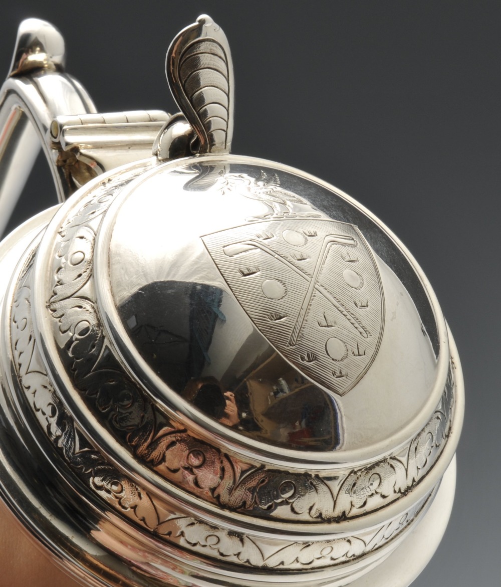 A mid-Victorian silver tankard of slightly tapering outline to a skirted base, the domed and - Image 5 of 8
