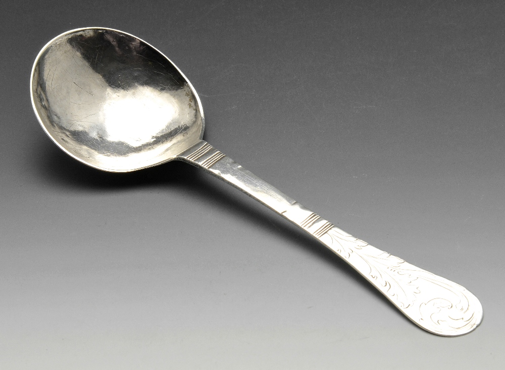 A continental spoon, possibly Norwegian, having a foliate engraved terminal leading to a plain