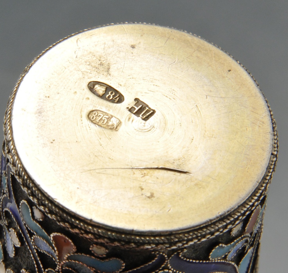 An early twentieth century Russian silver and cloisonnÚ enamel beaker or shot cup, the small, - Image 2 of 5