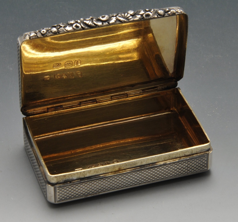 A George IV silver snuff box, the oblong form with engine-turned decoration, crested circular - Image 2 of 5