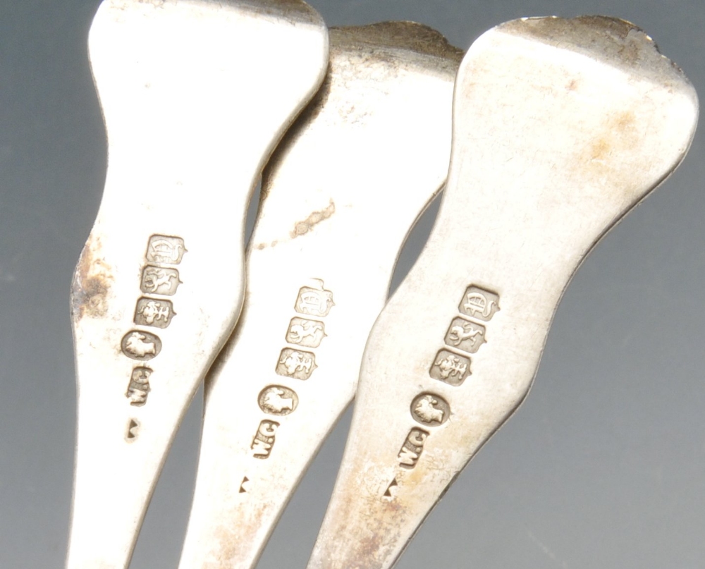 A composite set of six mid-Victorian Scottish silver teaspoons in single struck Queen's pattern with - Image 2 of 3