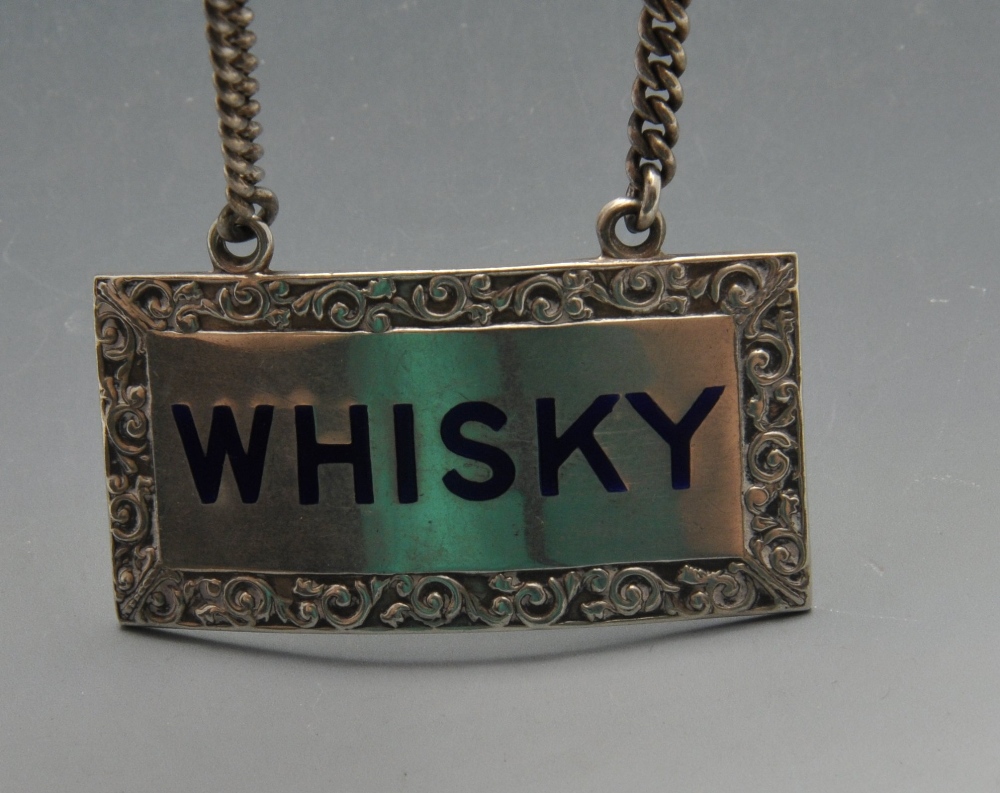 A modern silver whisky label of oblong form with enamel inlay within scroll surround. Hallmarked - Image 2 of 3