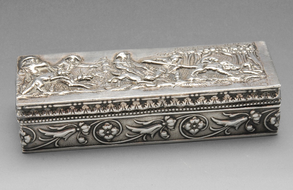 An early twentieth century continental silver box, the rectangular form decorated with a