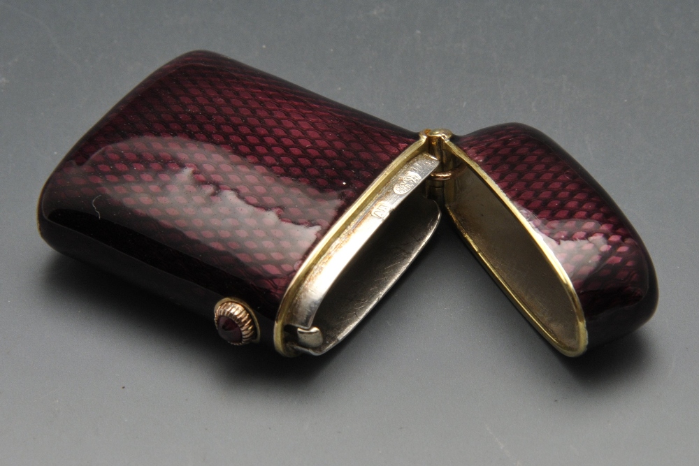 A turn of the century Faberge vesta case, the oblong form with purple guilloche enamel and - Image 2 of 5