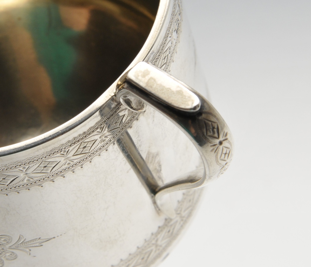 A Victorian silver twin-handled sugar bowl, the tapered form with engraved floral motif border and - Image 4 of 4