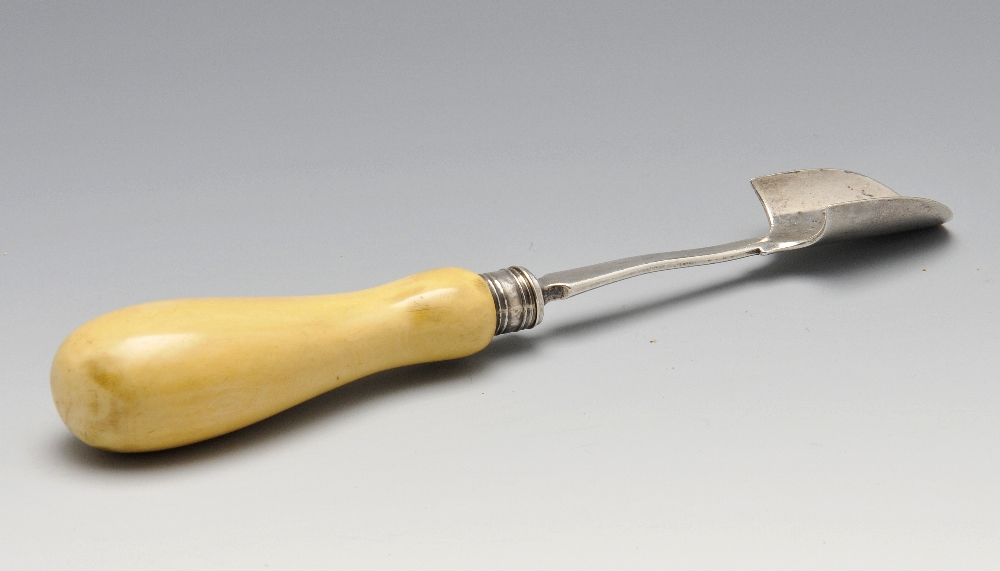 A mid-Victorian silver stilton scoop, with plain baluster shape ivory handle. Hallmarked Martin,