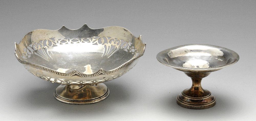 A 1920's silver comport, the circular body with pierced gallery and scalloped rim and standing on