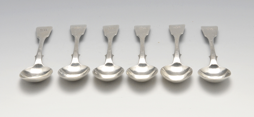 A set of six mid-Victorian Scottish silver Fiddle pattern teaspoons, having initialled terminals.