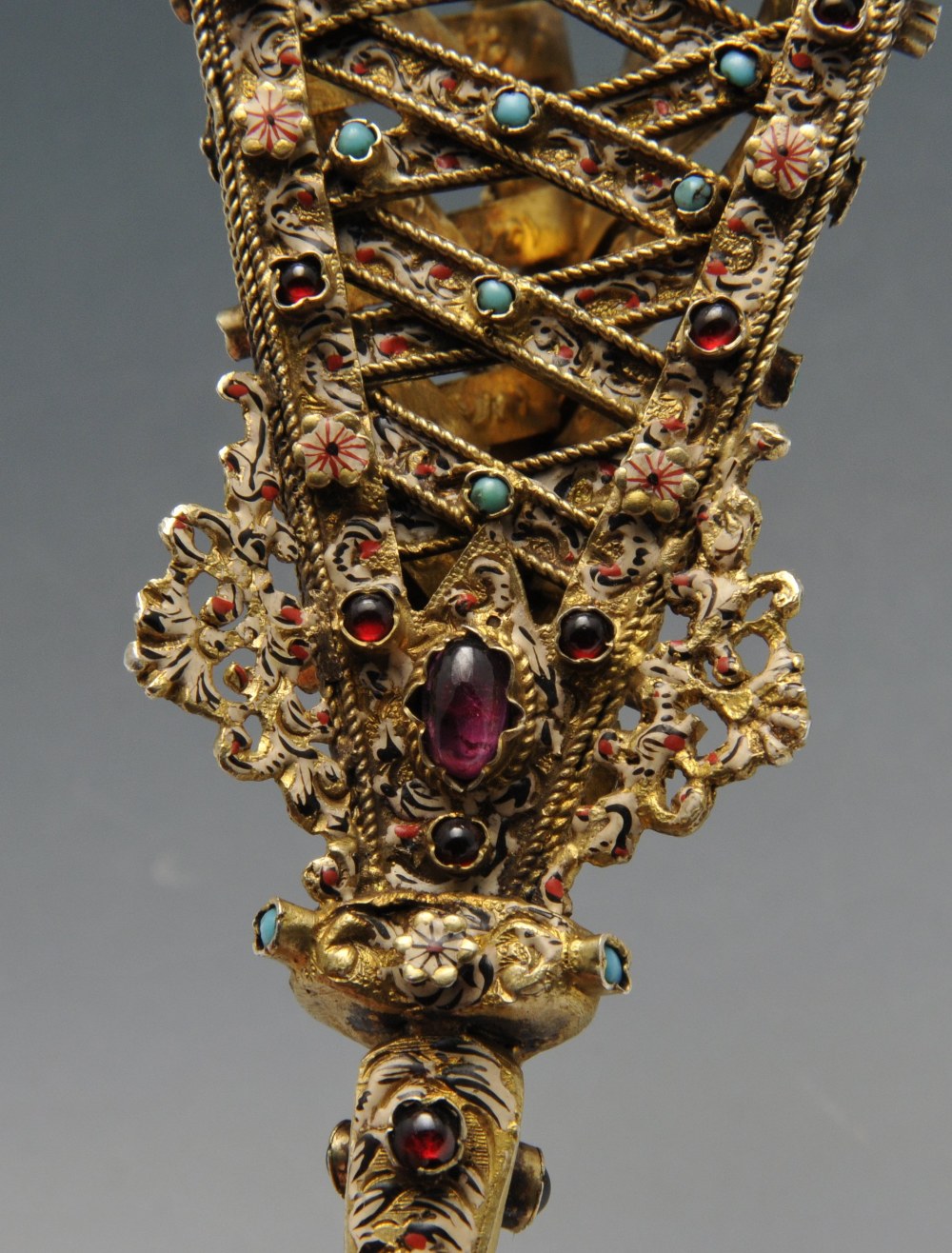 A nineteenth century cased gilt posy holder, the tapered interlaced openwork body with trefoil - Image 7 of 14