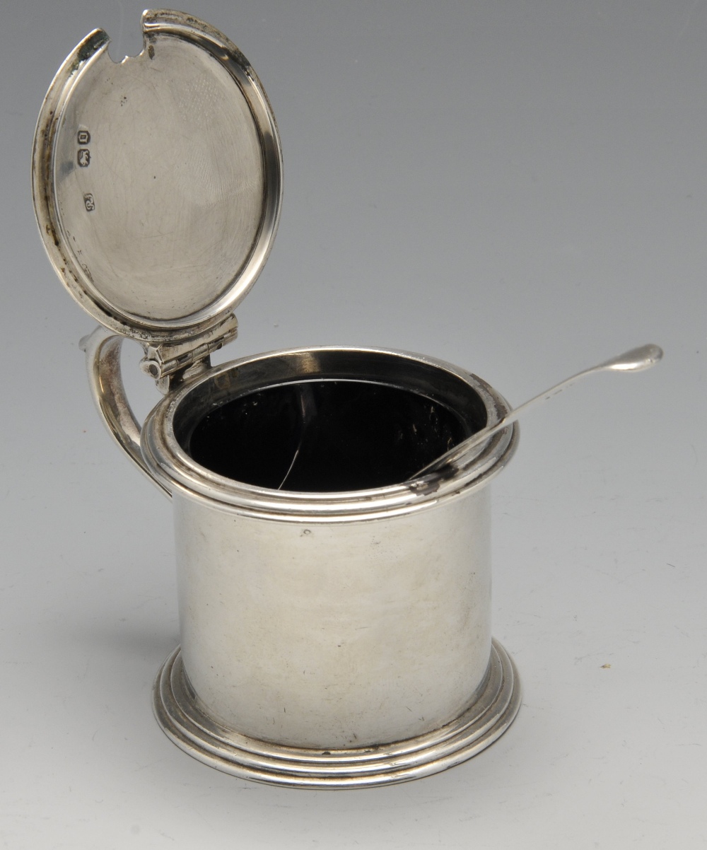 A Victorian silver drum mustard pot, the plain cylindrical form with crested hinged cover, scroll - Image 2 of 7