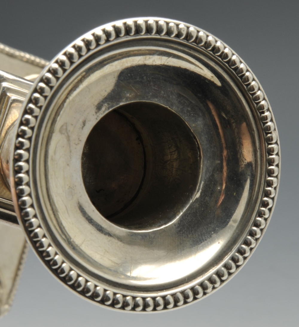 An Edwardian silver mounted candlestick of Neoclassical style, the urn shaped socket raised upon - Image 6 of 6
