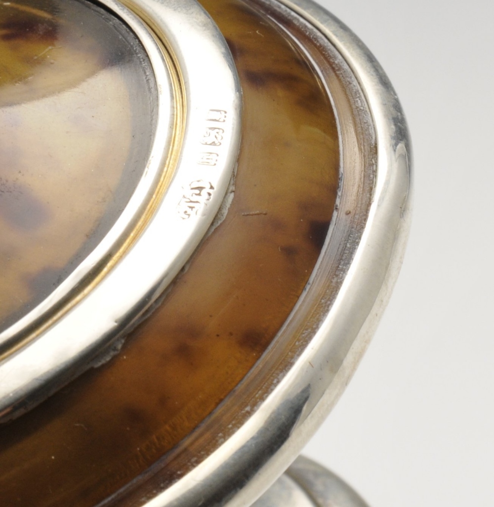 A 1920's silver mounted tortoiseshell box, the elliptical form standing on a pedestal foot. - Image 3 of 4