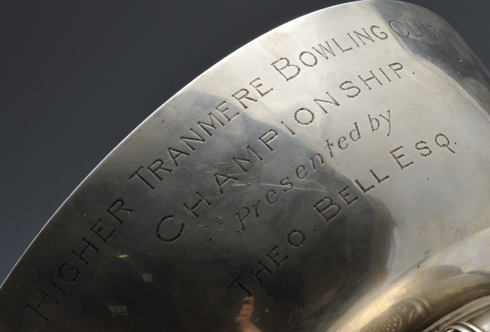 A 1930's silver presentation bowl, the circular body with inscription, standing on a bulbous stem - Image 2 of 4