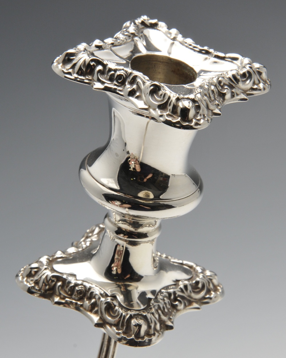 A modern pair of silver twin branch candelabra, each with shaped square base rising to a knopped, - Image 5 of 6