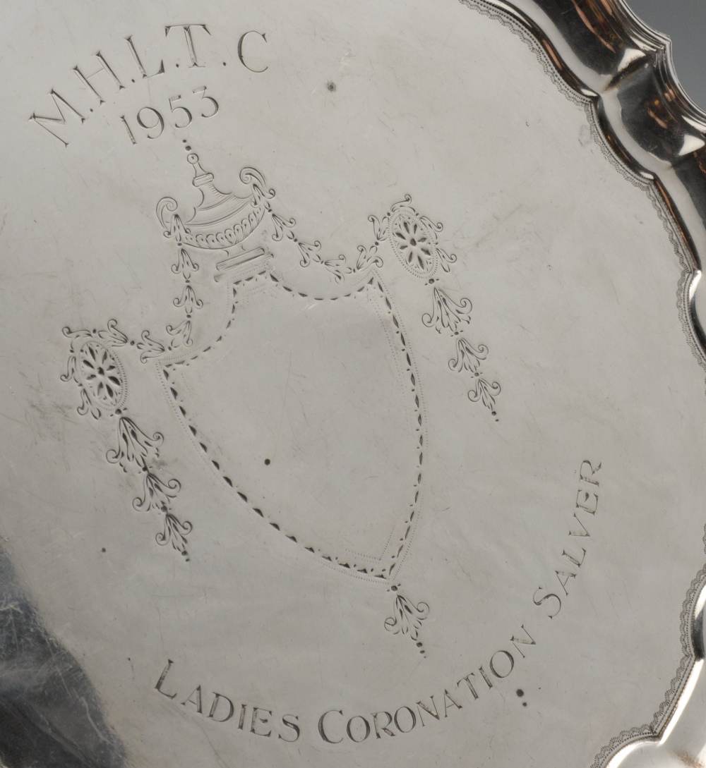 An Edwardian silver salver, the circular body with Chippendale style border, reeded rim, - Image 6 of 7