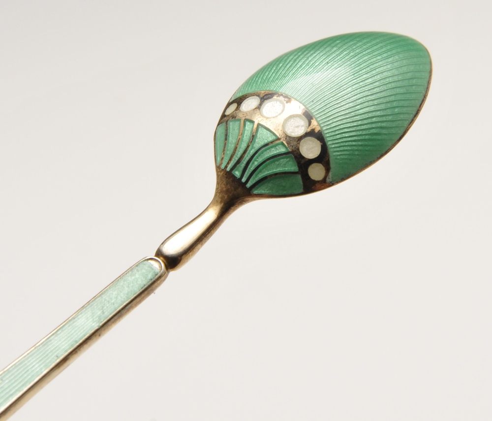 A cased set of six 1960's enamelled silver coffee spoons, decorated to the stems and bowls with - Image 4 of 6