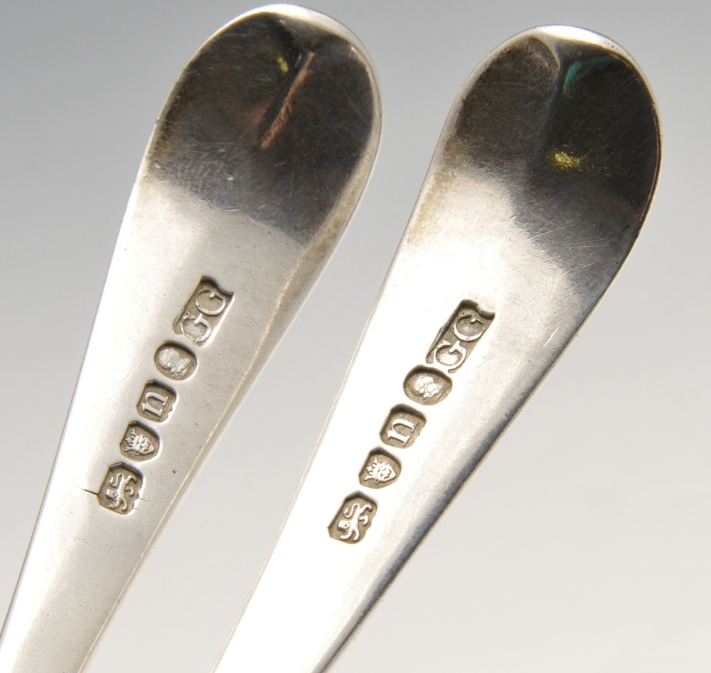 A pair of George III Old English pattern silver table spoons with initialled terminal and extended - Image 2 of 6