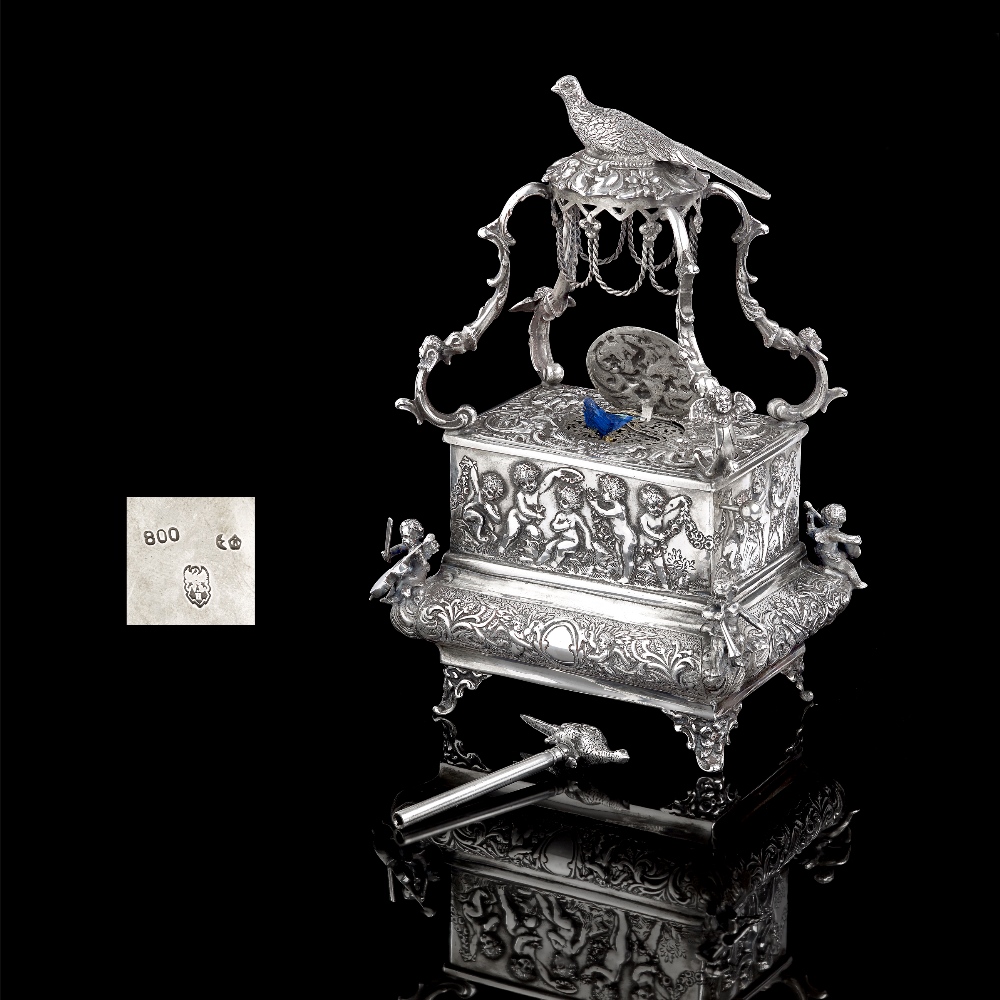 A German silver mechanical Singing Bird box in the manner of Karl Griesbaum, the rectangular box