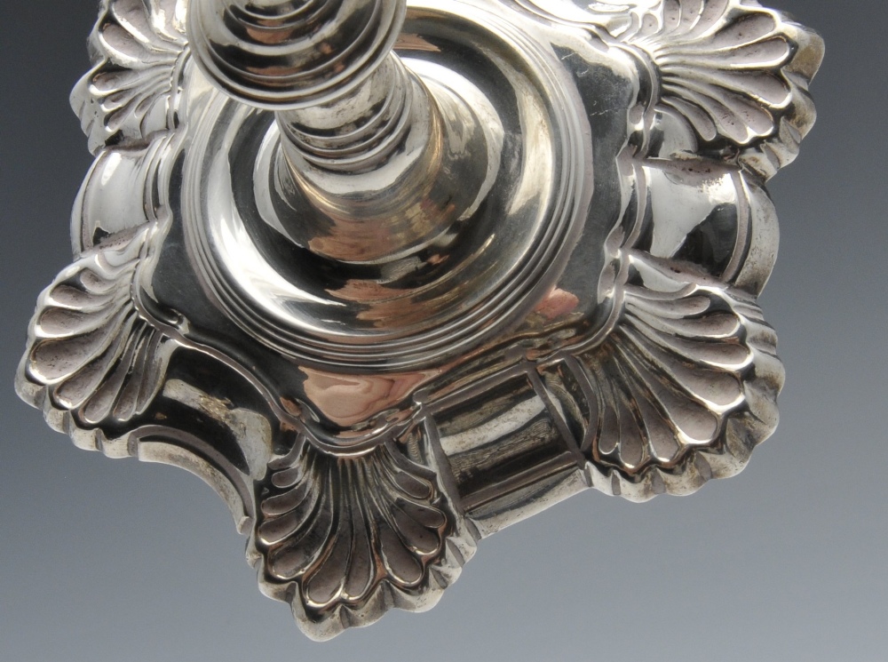 A modern silver candelabrum, the shaped stem standing on a shell embellished base with similar - Image 6 of 8