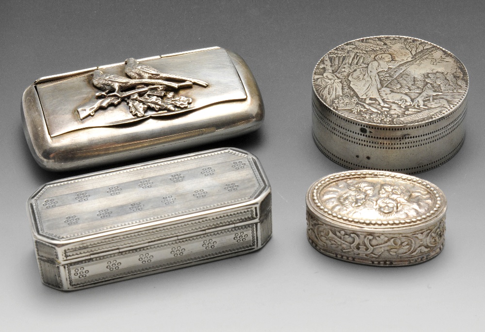An early nineteenth century French silver snuff box, the oblong engraved form with canted corners