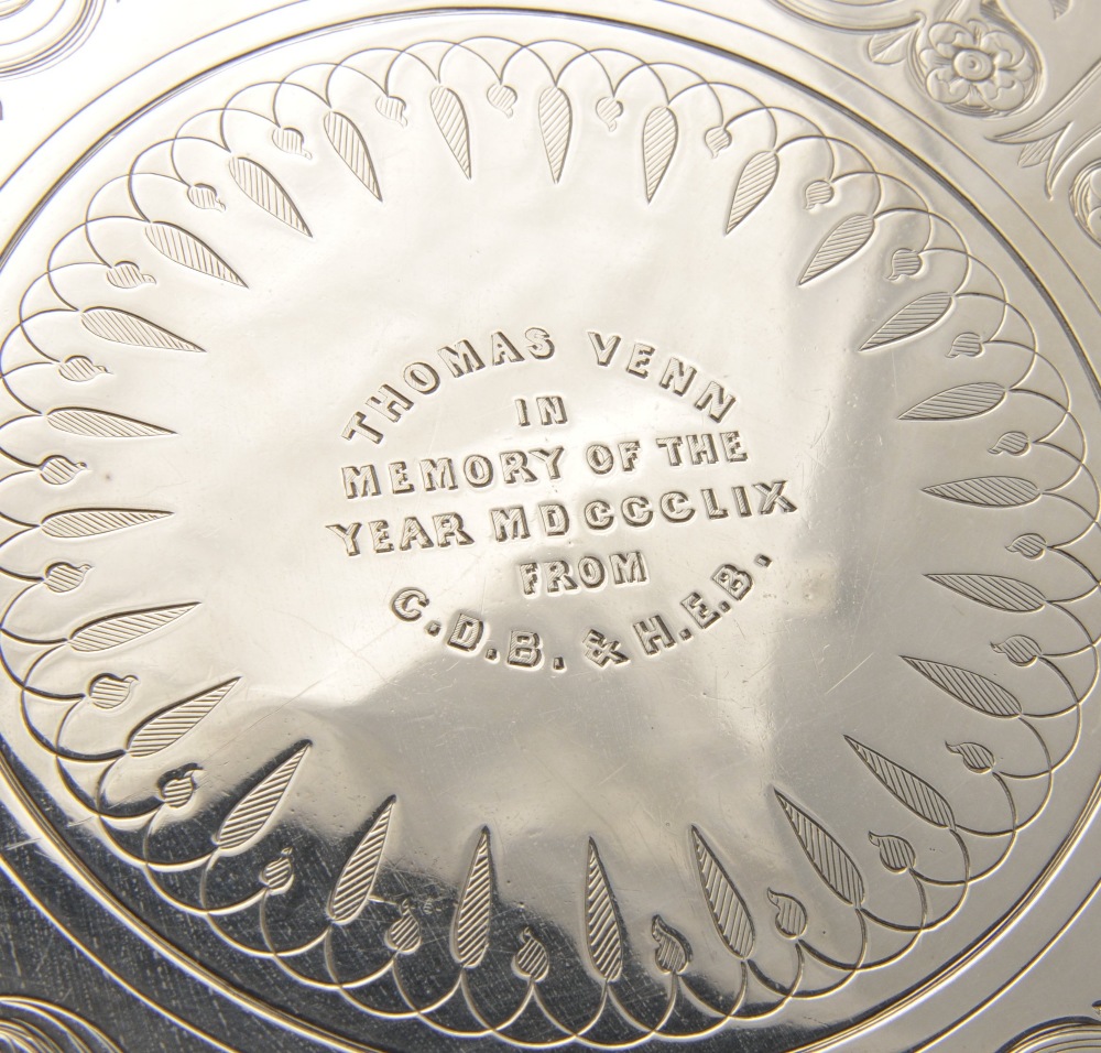 A mid-Victorian silver salver of shaped circular form with foliate scroll pierced rim enclosing a - Image 3 of 15