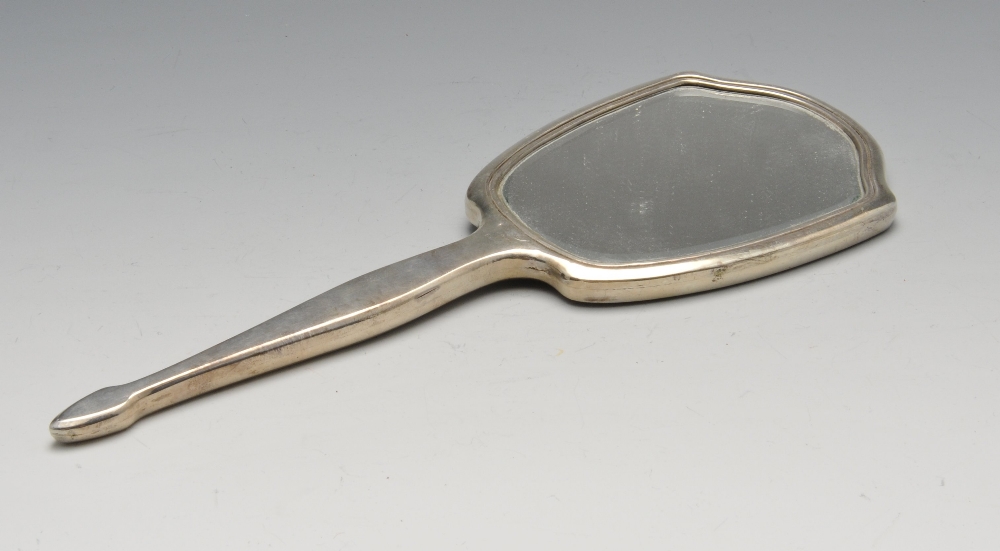 A mid-twentieth century silver mounted dressing table set comprising, hand mirror, two hair - Image 2 of 8