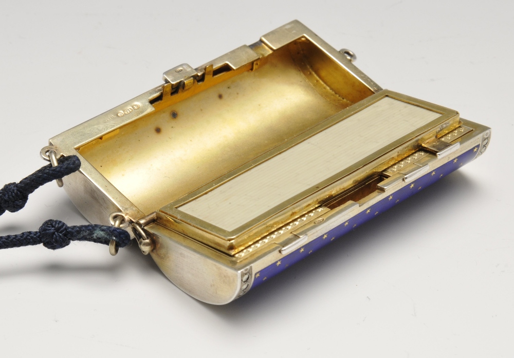 A 1920's Scottish import silver-gilt and enamel minaudiere, the hinged cylindrical body with blue - Image 3 of 7