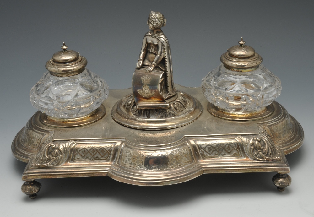 A mid-Victorian silver inkstand of shaped rectangular outline, decorated with a border of foliate - Image 2 of 13