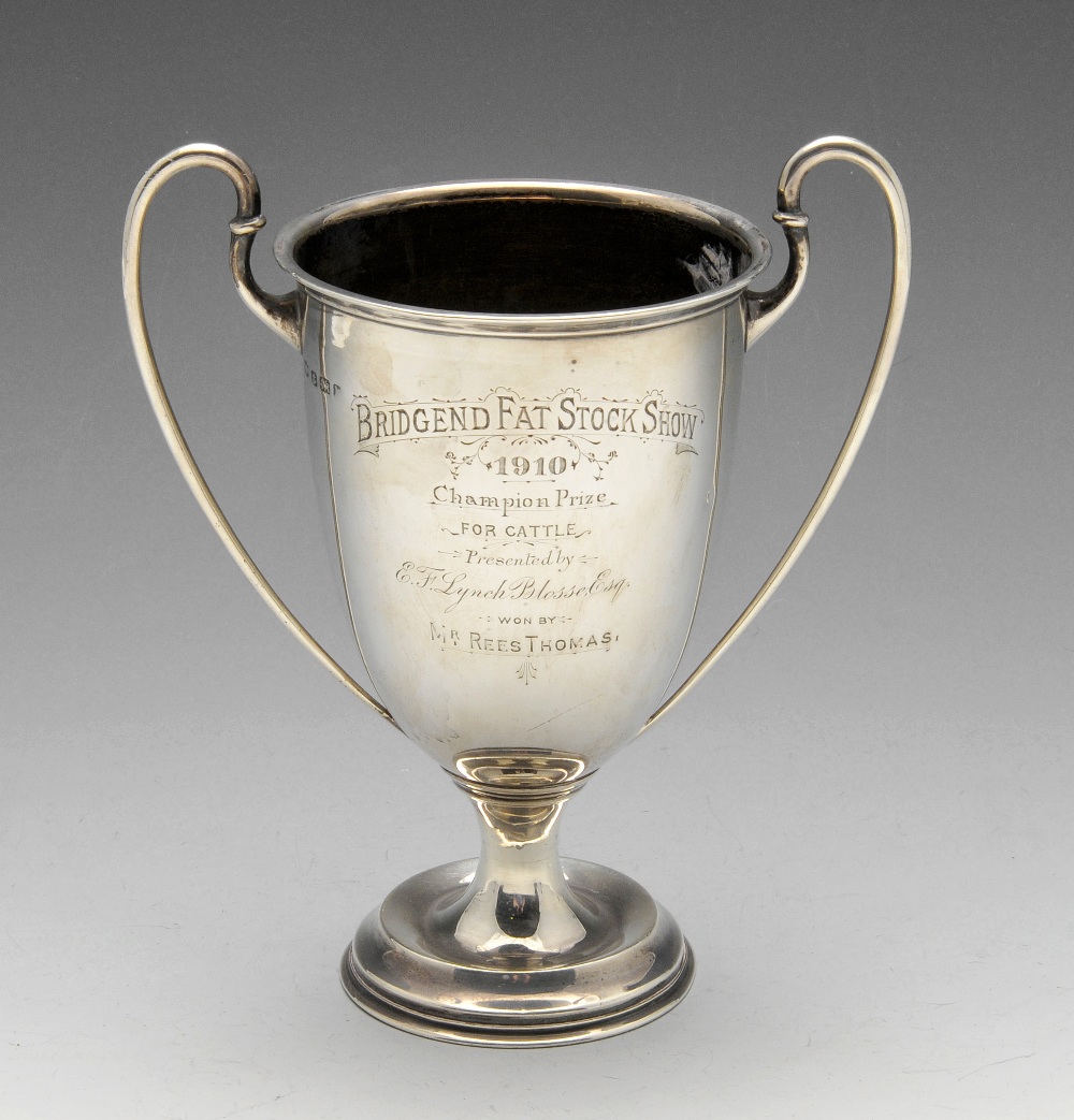 An Edwardian silver trophy cup of circular tapering form to a footed base, having a moulded rim,