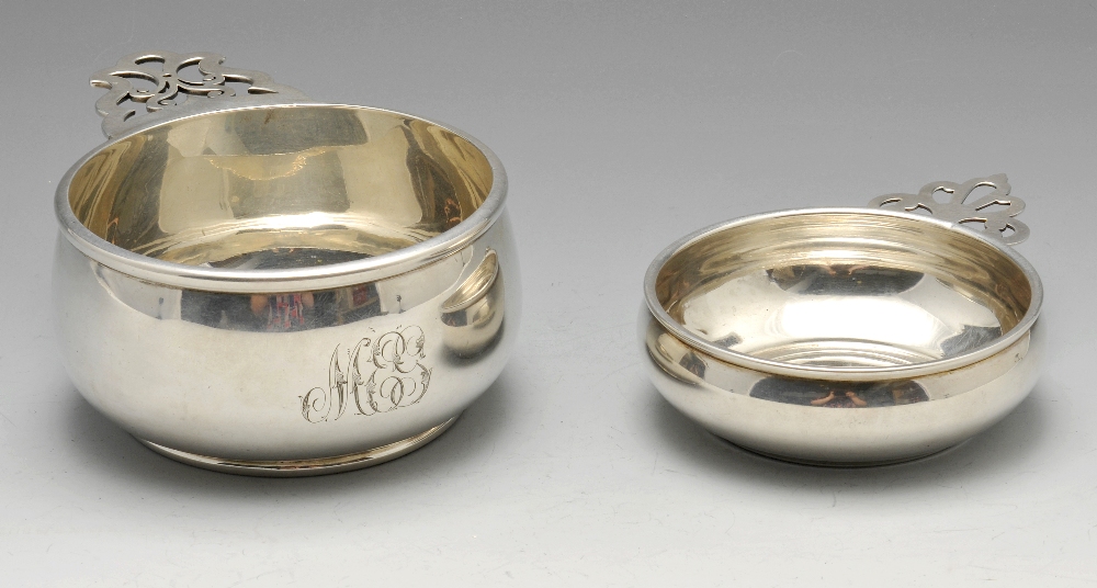 A Canadian silver porringer bowl, with an engraved monogram to one side and having a single scroll