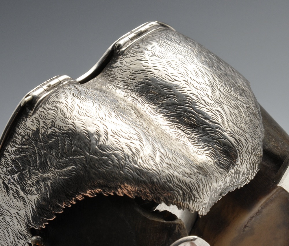 An early Victorian silver mounted hoof inkwell, the hinged lid engraved with floral motifs and - Image 7 of 7