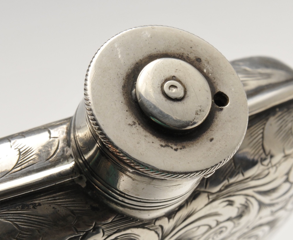 A Victorian silver hip flask, the pocket form with floral scroll engraving and initialled cartouche. - Image 5 of 5