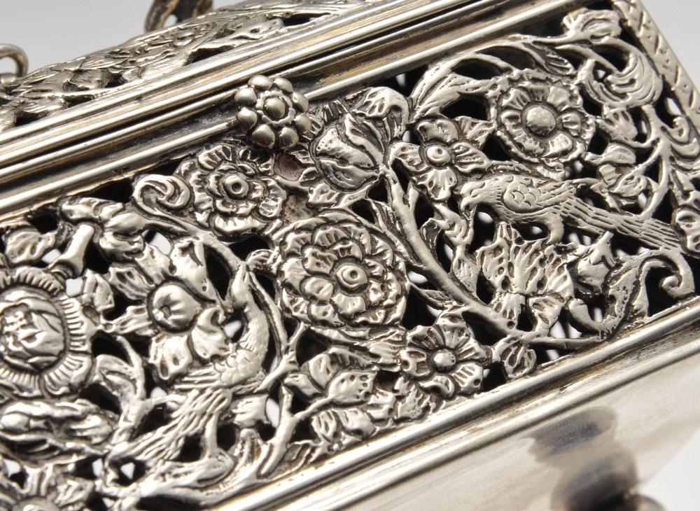 A continental box of casket form, the oblong open-work form depicting birds amidst floral scrolls, - Image 3 of 4