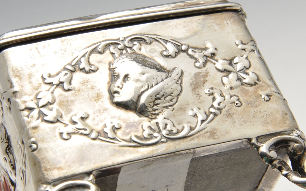 An Edwardian silver mounted jewellery box of oblong form, embossed with putti and opening to a - Image 5 of 6