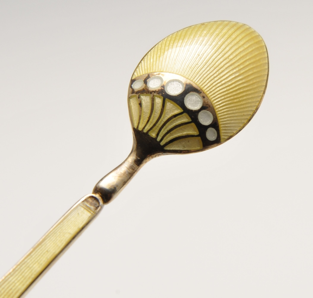 A cased set of six 1960's enamelled silver coffee spoons, decorated to the stems and bowls with - Image 5 of 6