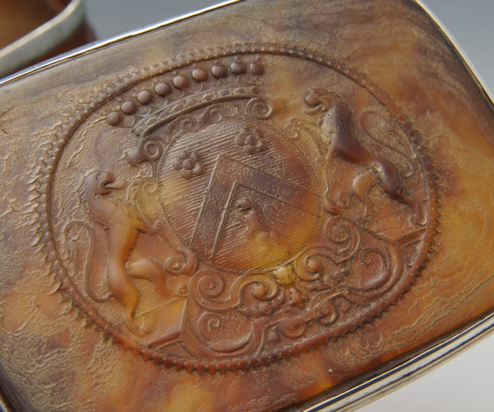 A tortoiseshell box of oblong form with armorial to the detachable cover within white metal reeded - Image 4 of 4