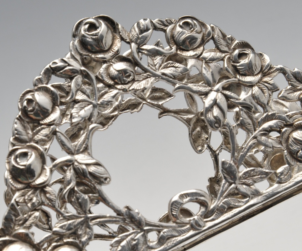 A Continental silver letter rack, of arched form pierced with roses to the whole and framing central - Image 6 of 7
