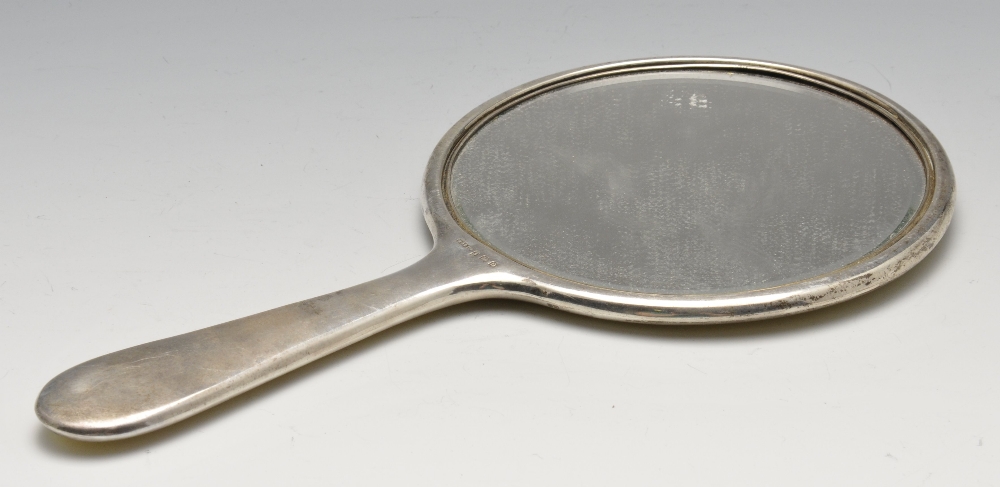 A 1920's cased silver and enamel mounted dressing table set, comprising hand mirror, two hair - Image 3 of 5