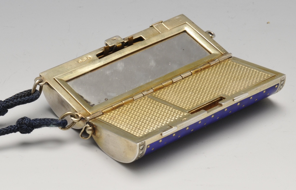 A 1920's Scottish import silver-gilt and enamel minaudiere, the hinged cylindrical body with blue - Image 2 of 7