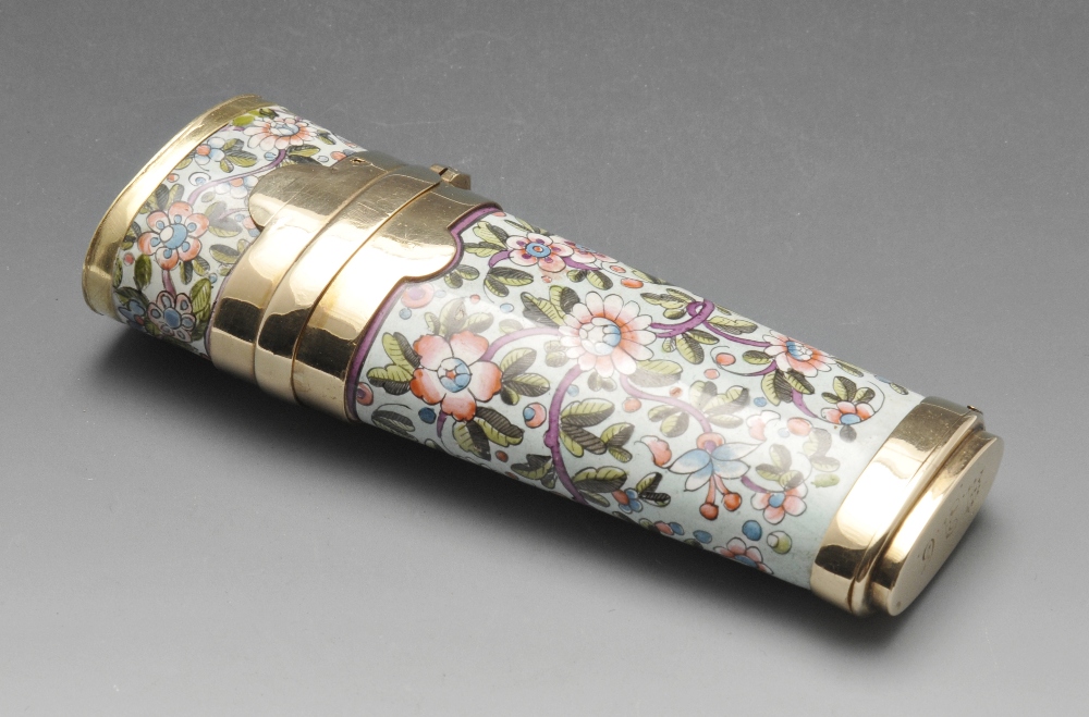 A gold and enamel combination scent bottle by Sampson Mordan & Co., the tapered florally enamelled